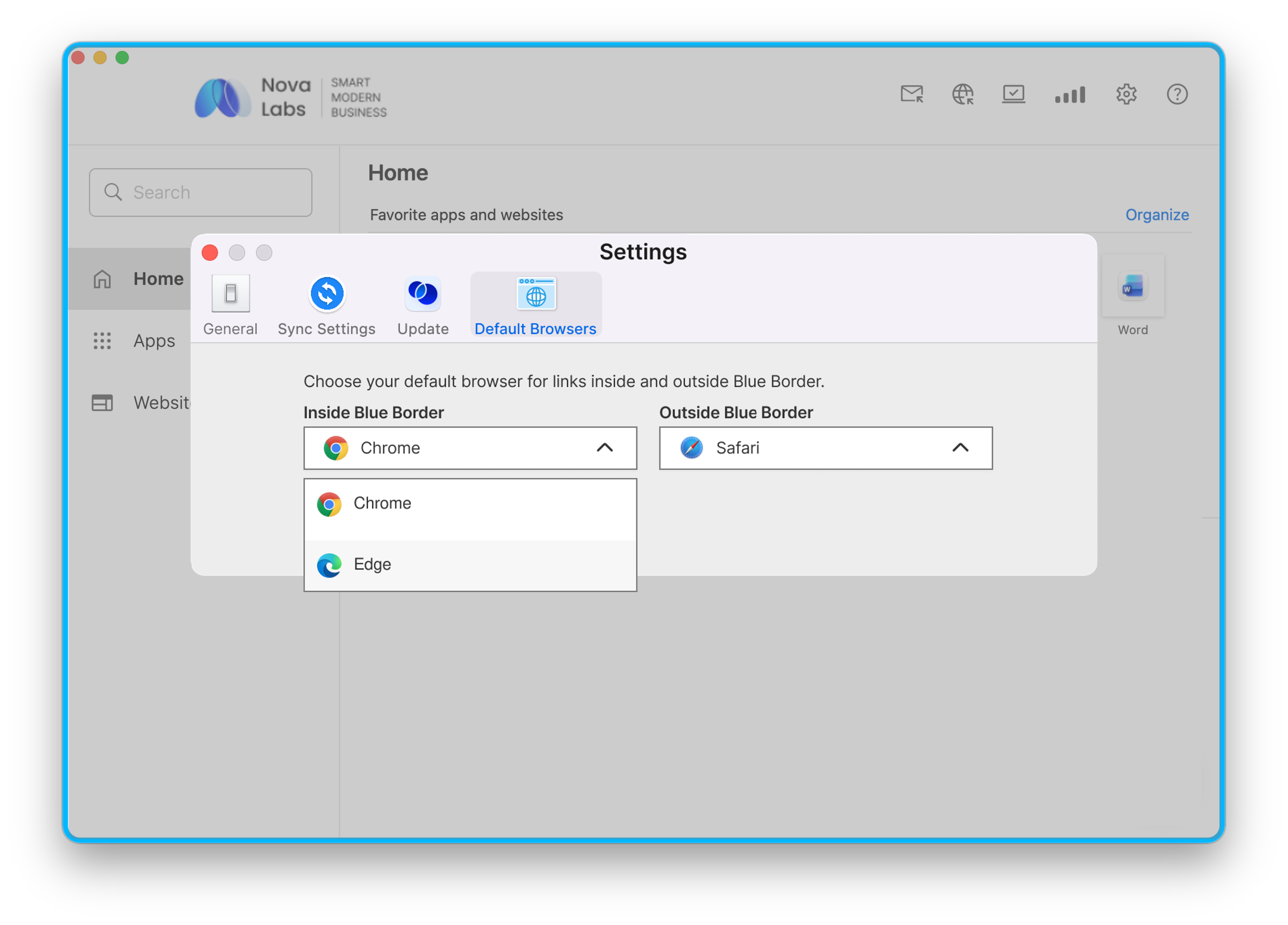 New Default Browsers settings tab in Blue Border Mac Settings