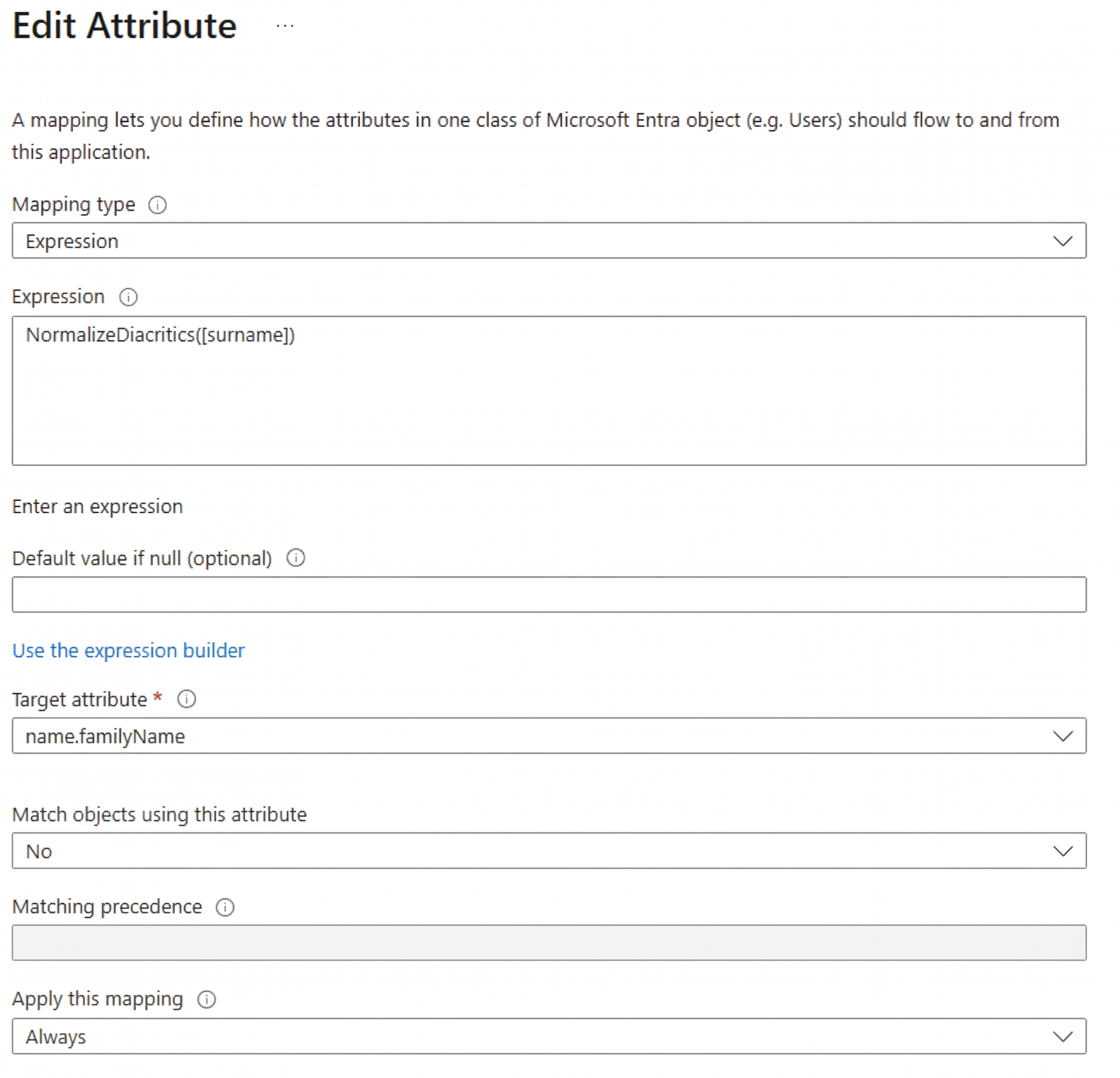 Entra_Workplace App_Provisioning_Edit Attribute Mappings_Provision Microsoft Entra ID Users_Surname mapping.png